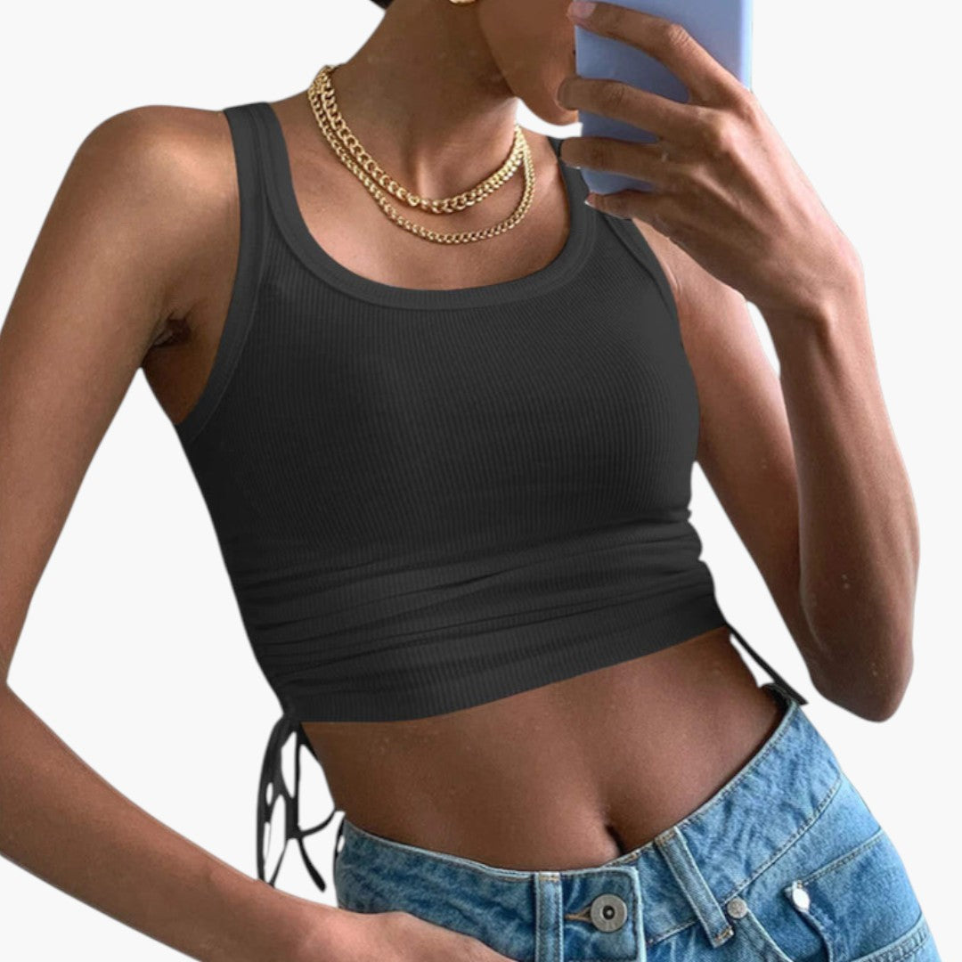 Women's cropped top with round neckline and side ruching