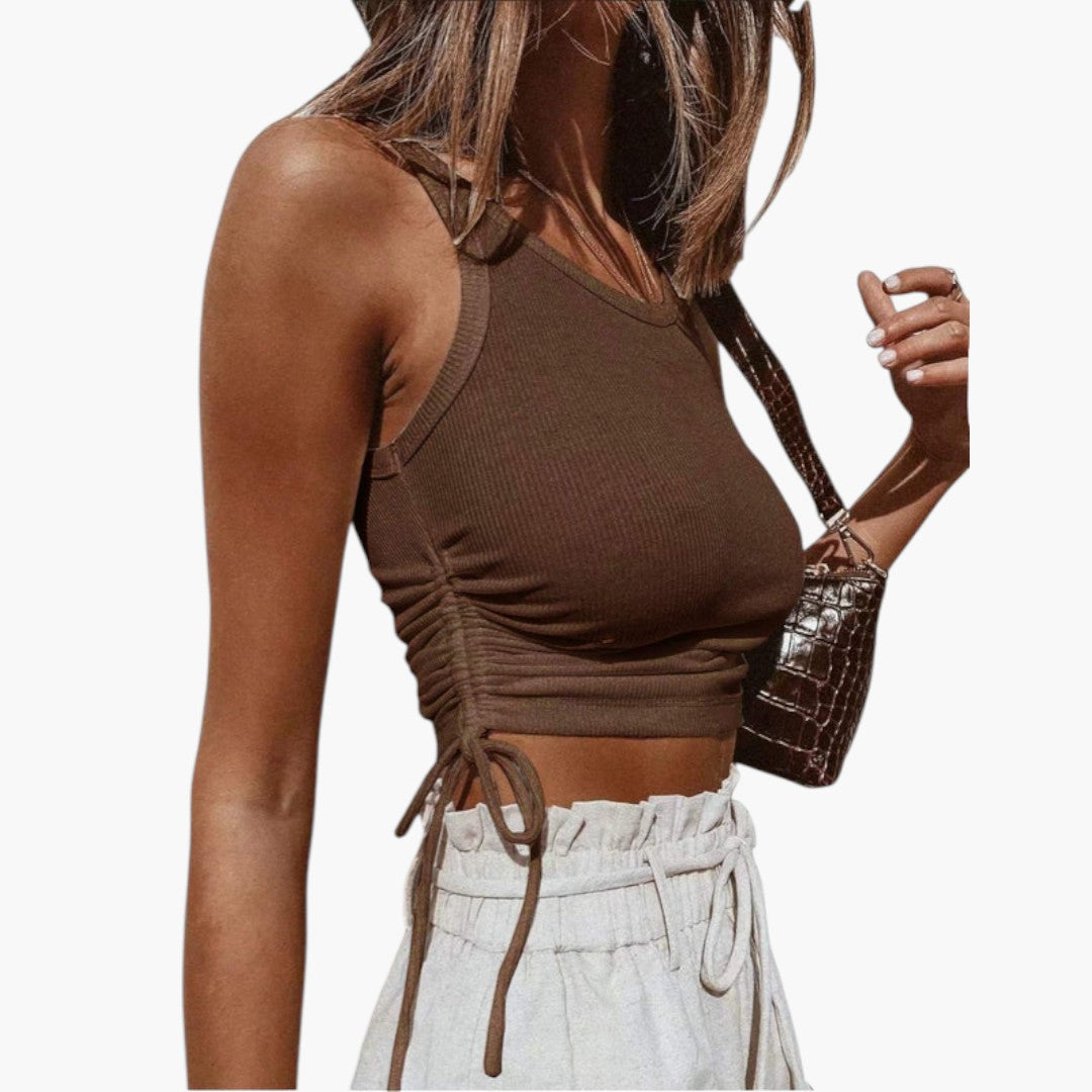 Women's cropped top with round neckline and side ruching