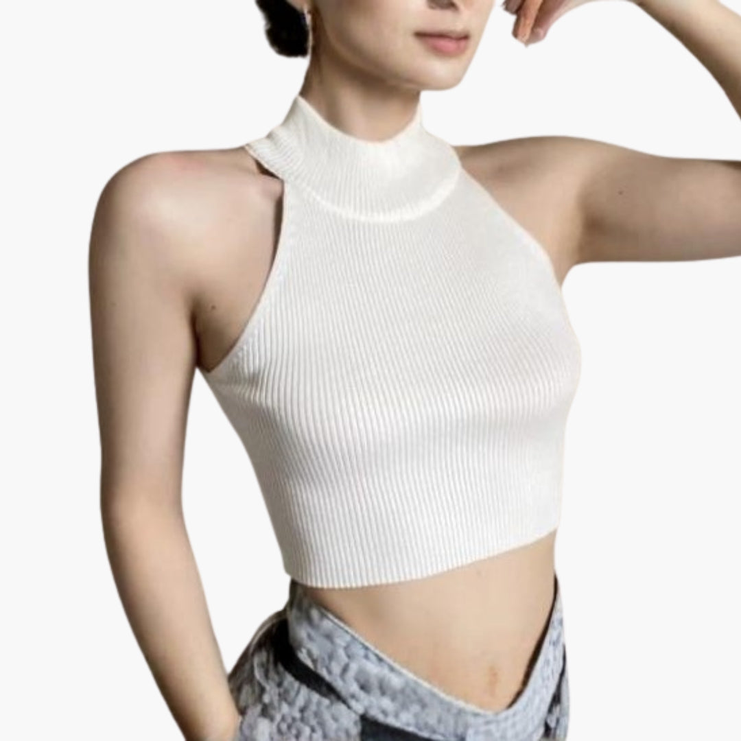 Top curto para mulher com gola alta e superfície canelada