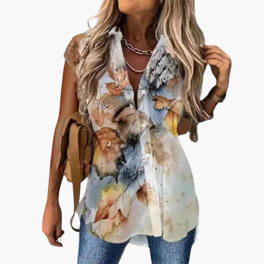 Maglia donna con stampa di farfalle e patta con bottoni