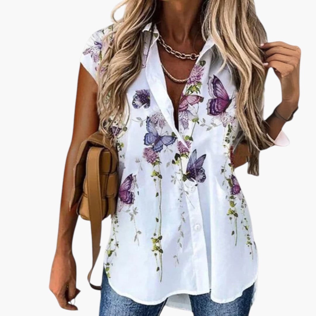 Maglia donna con stampa di farfalle e patta con bottoni
