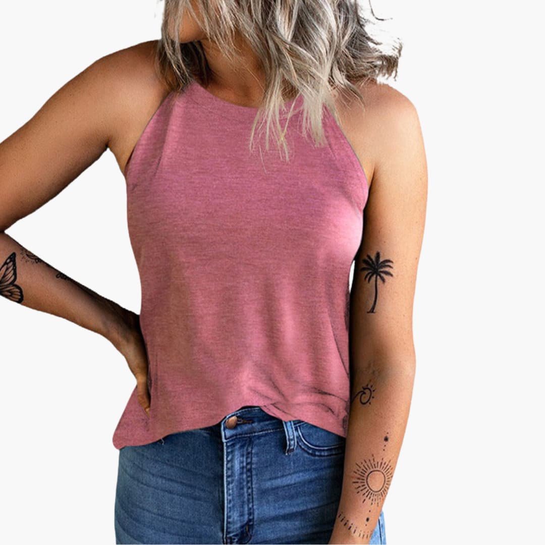 Top donna senza maniche con scollo alto e taglio ampio