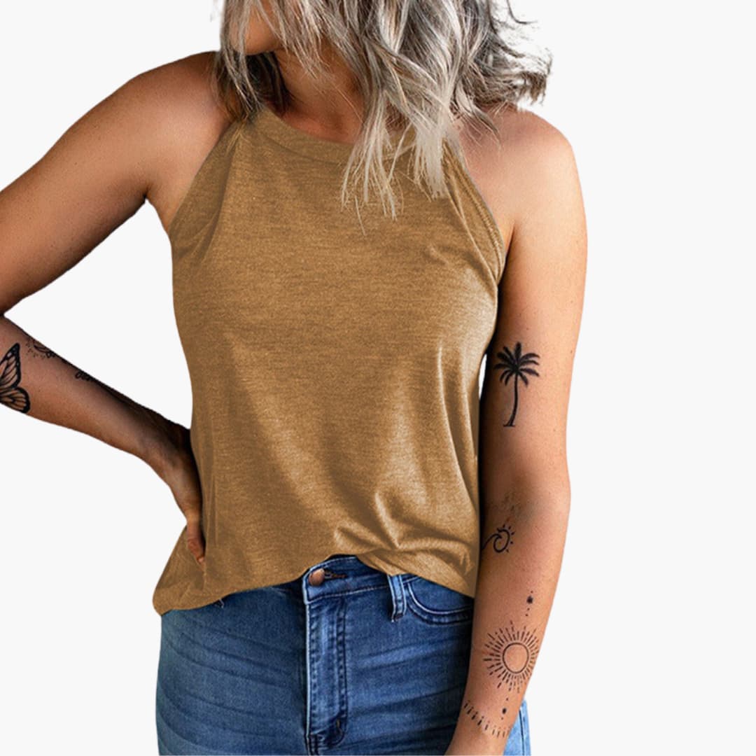 Top donna senza maniche con scollo alto e taglio ampio