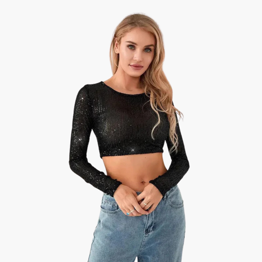 Top per donna a maniche lunghe con scollo rotondo e esterno a paillettes