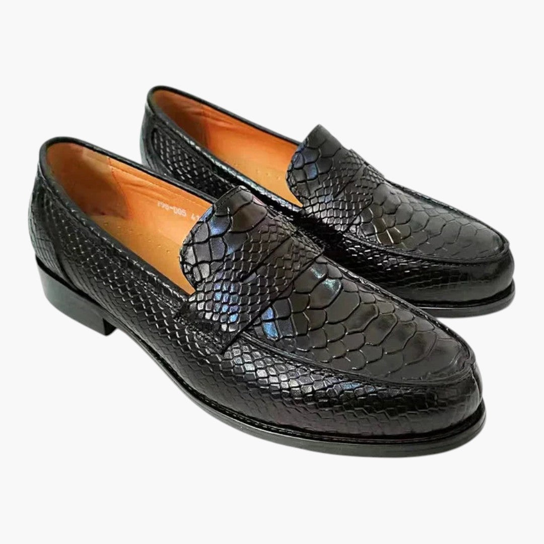 Homme Mocassins en Cuir avec Motif Serpent et Semelle Plate