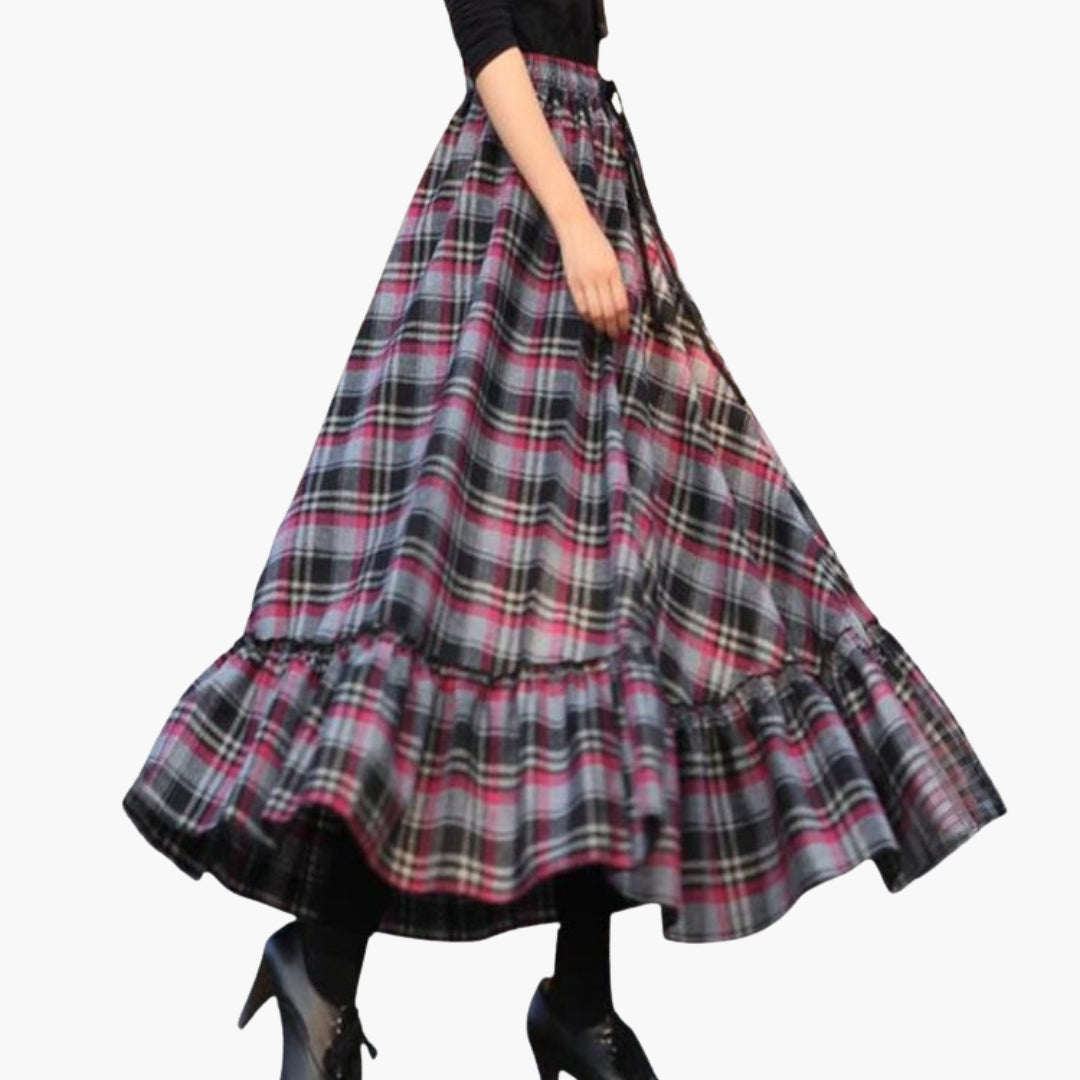 Long skirt for women with checkered pattern and ruffled hem