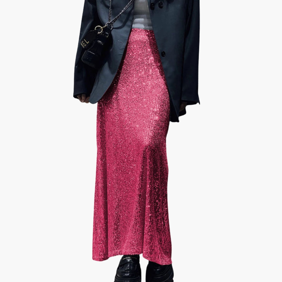 Jupe longue femme taille haute à effet paillettes
