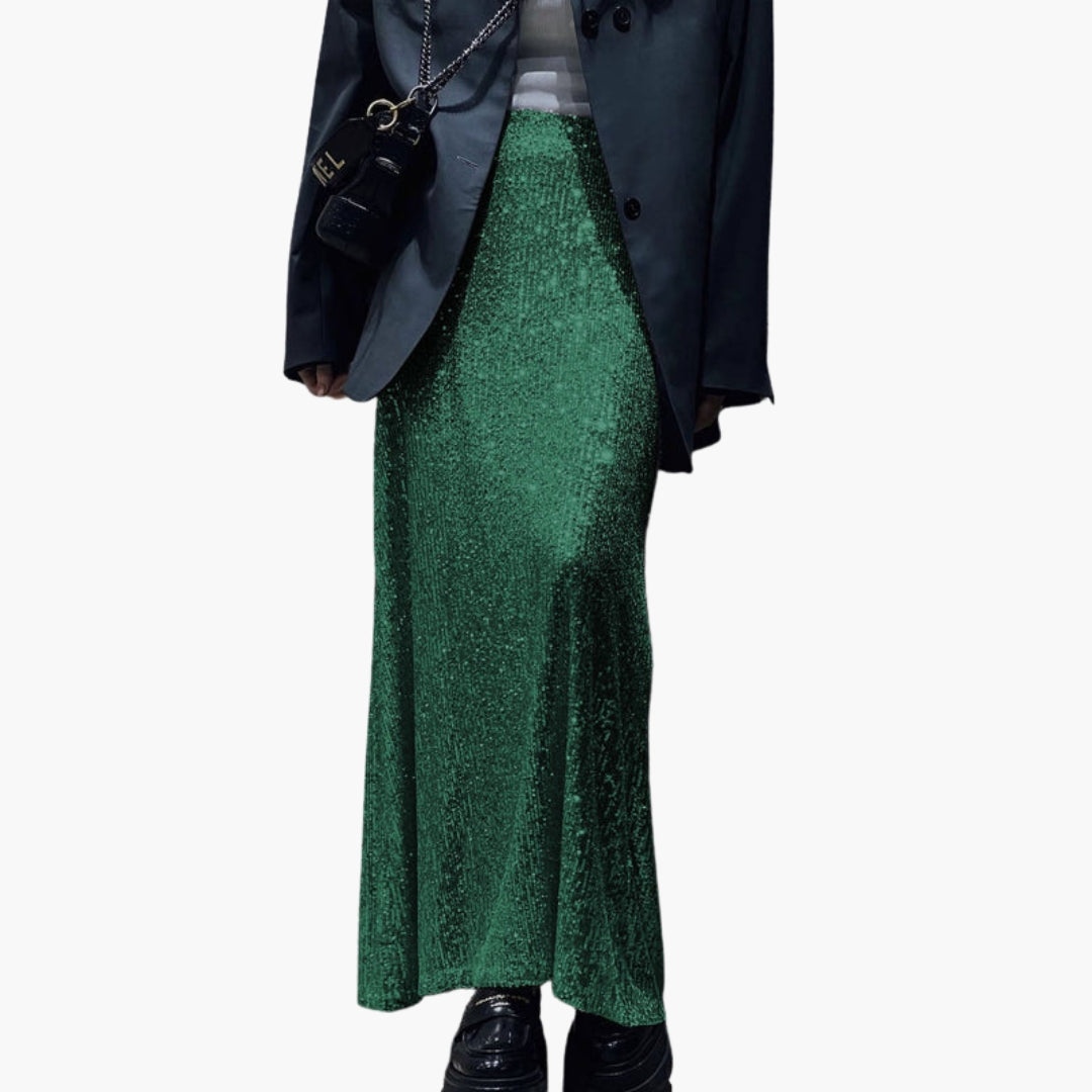 Jupe longue femme taille haute à effet paillettes