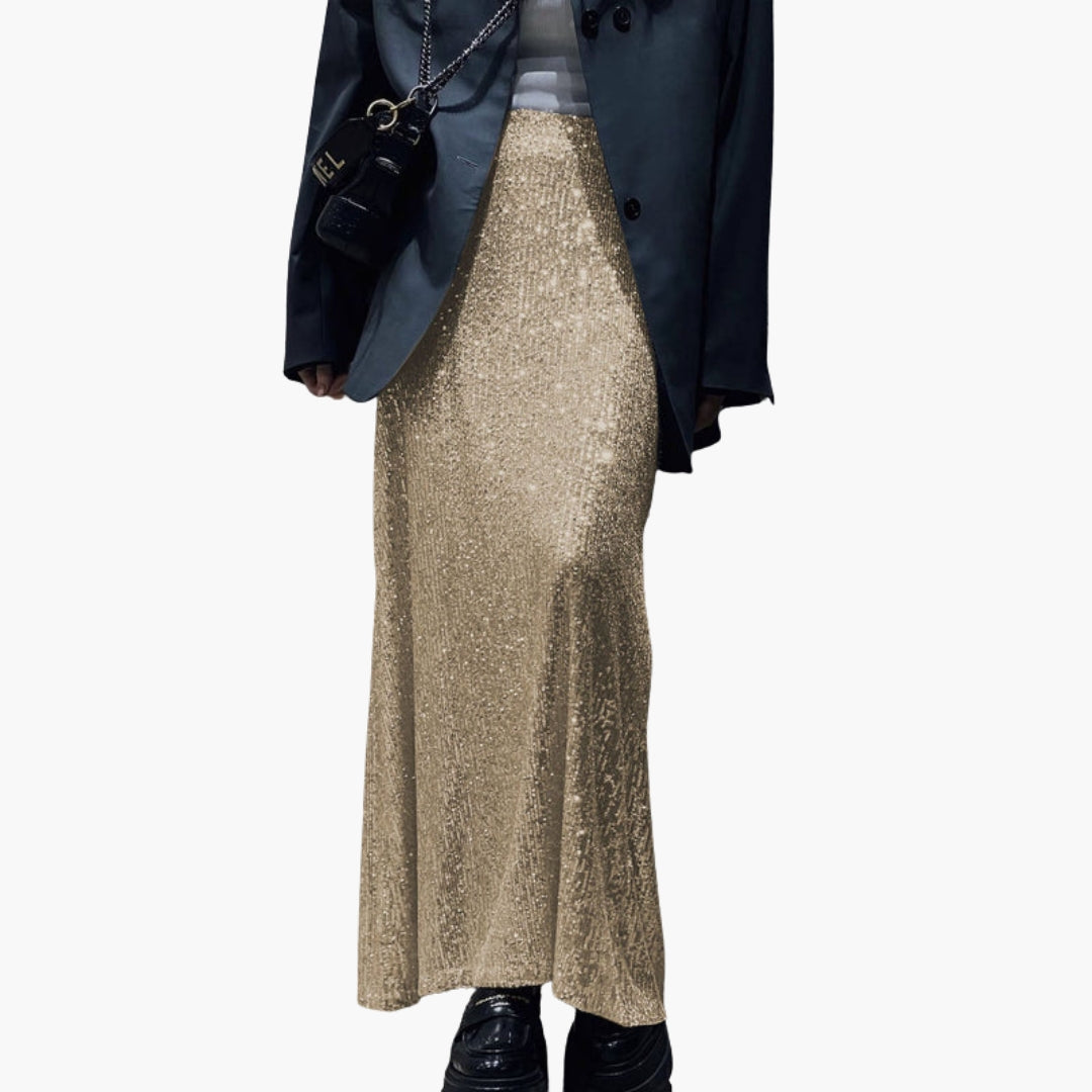 Jupe longue femme taille haute à effet paillettes