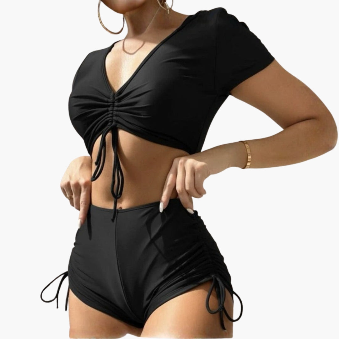 Costume da bagno donna due pezzi scollo a V con pantaloncino a coulisse
