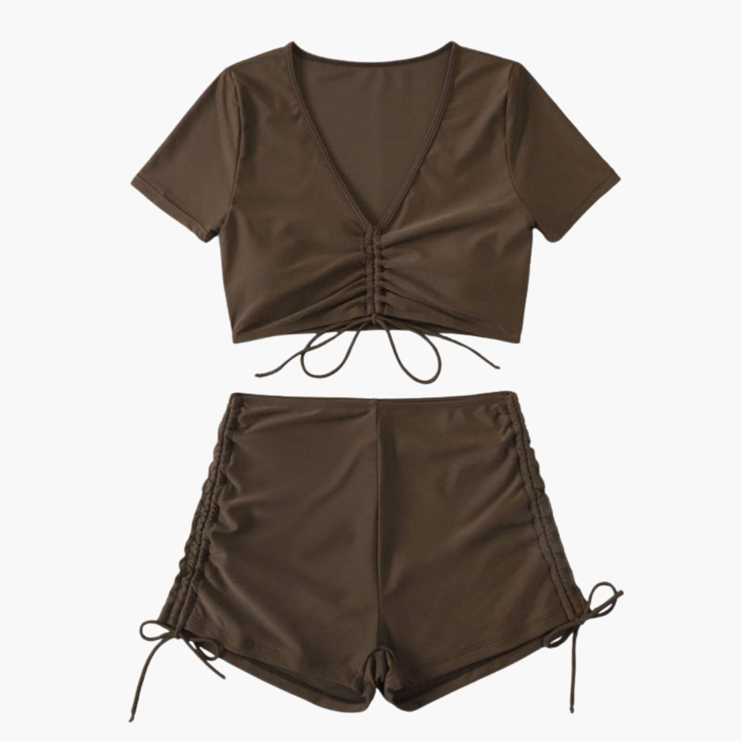Dwuczęściowy strój kąpielowy damski z dekoltem w serek i szortami ze sznurkiem