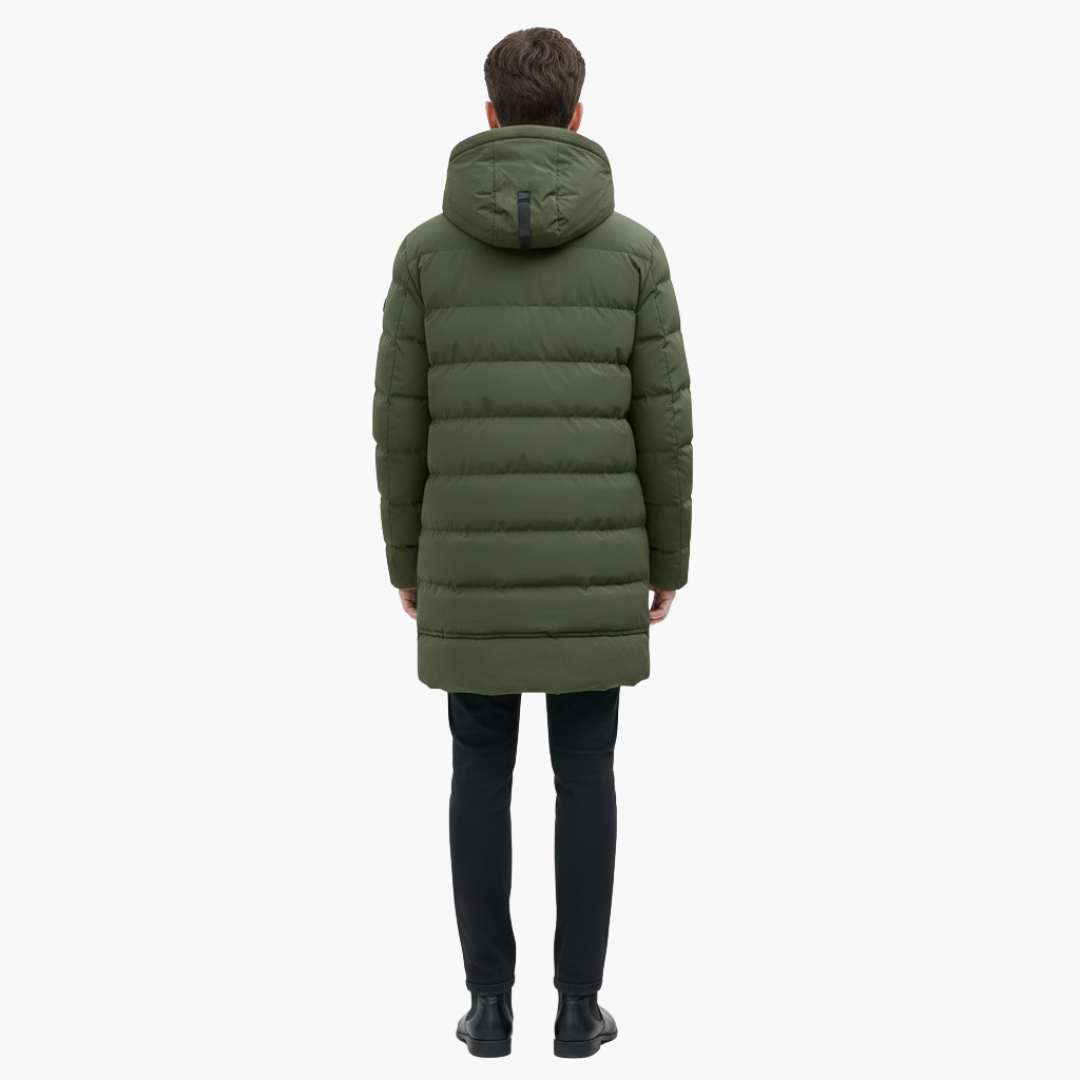 Manteau Long Matelassé Homme avec Capuche et Fermeture Éclair Frontale