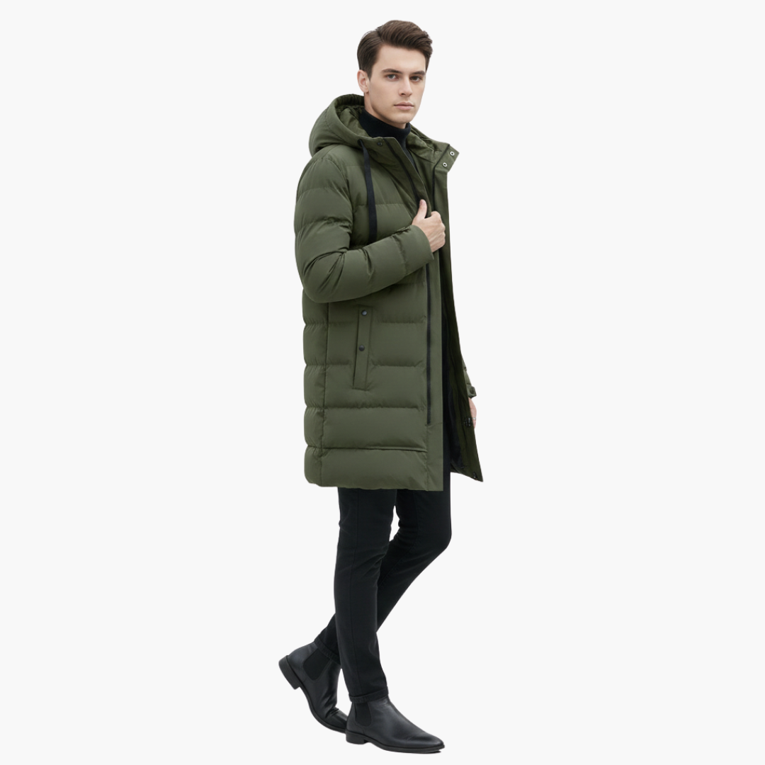 Manteau Long Matelassé Homme avec Capuche et Fermeture Éclair Frontale