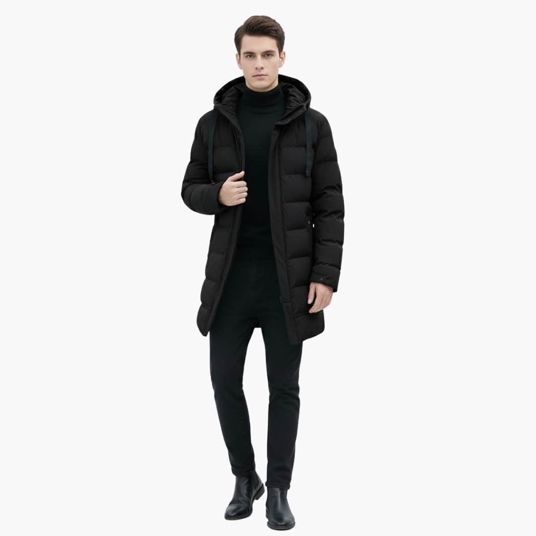Manteau Long Matelassé Homme avec Capuche et Fermeture Éclair Frontale