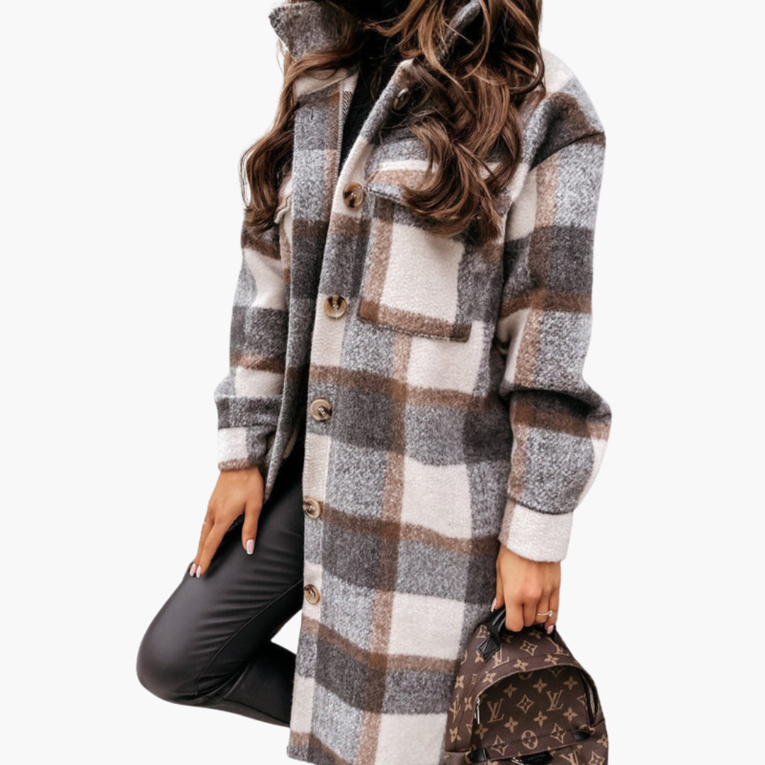 Manteau long à carreaux pour femme avec fermeture boutonnée et poches avant
