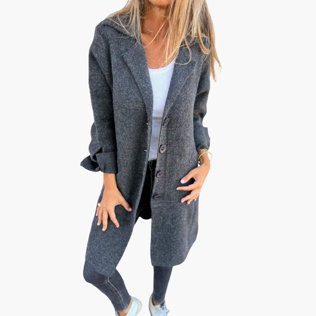 Manteau long femme avec col à revers et fermeture à boutons