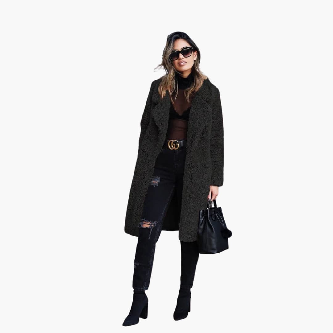 Cappotto lungo donna con collo a risvolto e superficie pelucheggianti