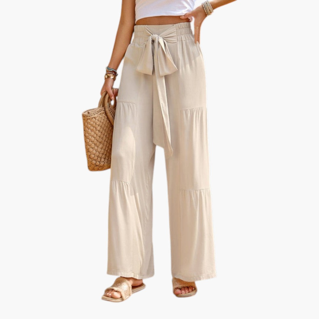 Women's Palazzo Pants with Tie Belt and Ruffled Hem