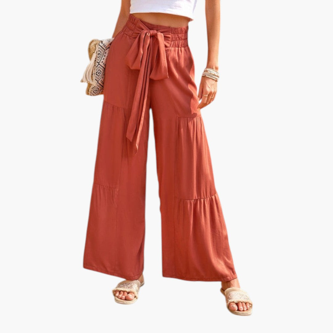 Women's Palazzo Pants with Tie Belt and Ruffled Hem