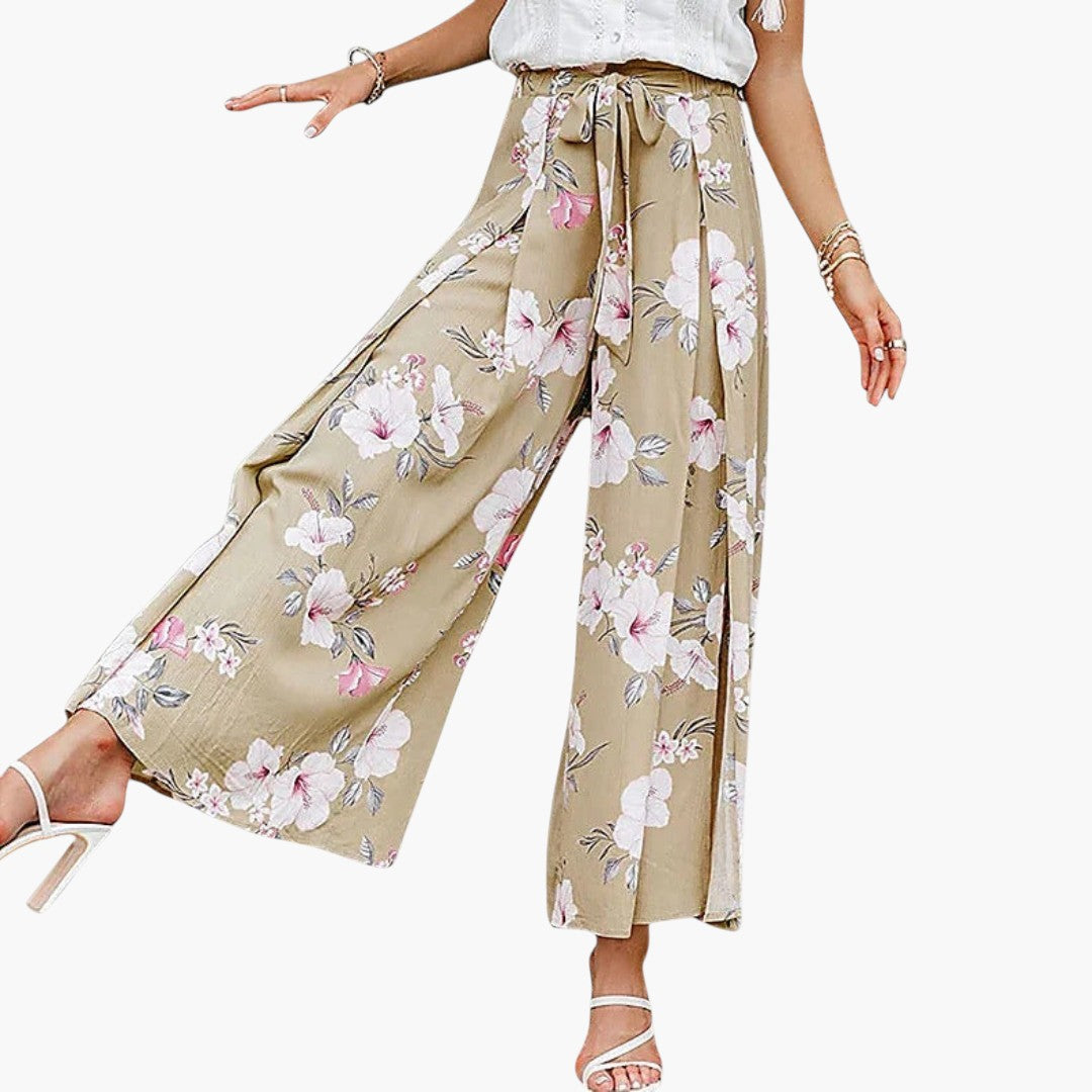 Pantalon Palazzo Femme a Taille Élastique et Motif Floral