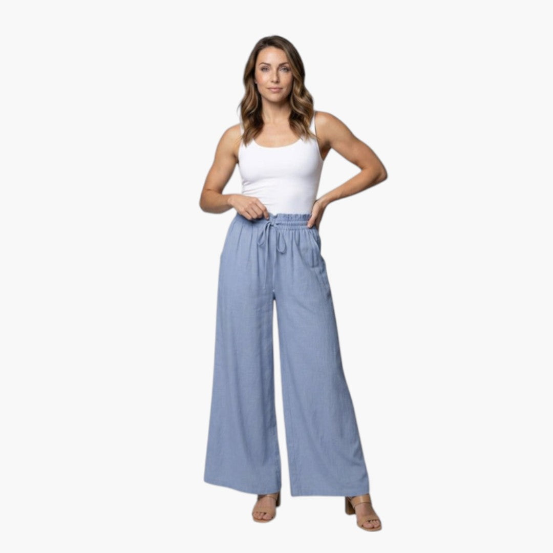 Pantalon Palazzo Femme a Taille Élastique et Poches