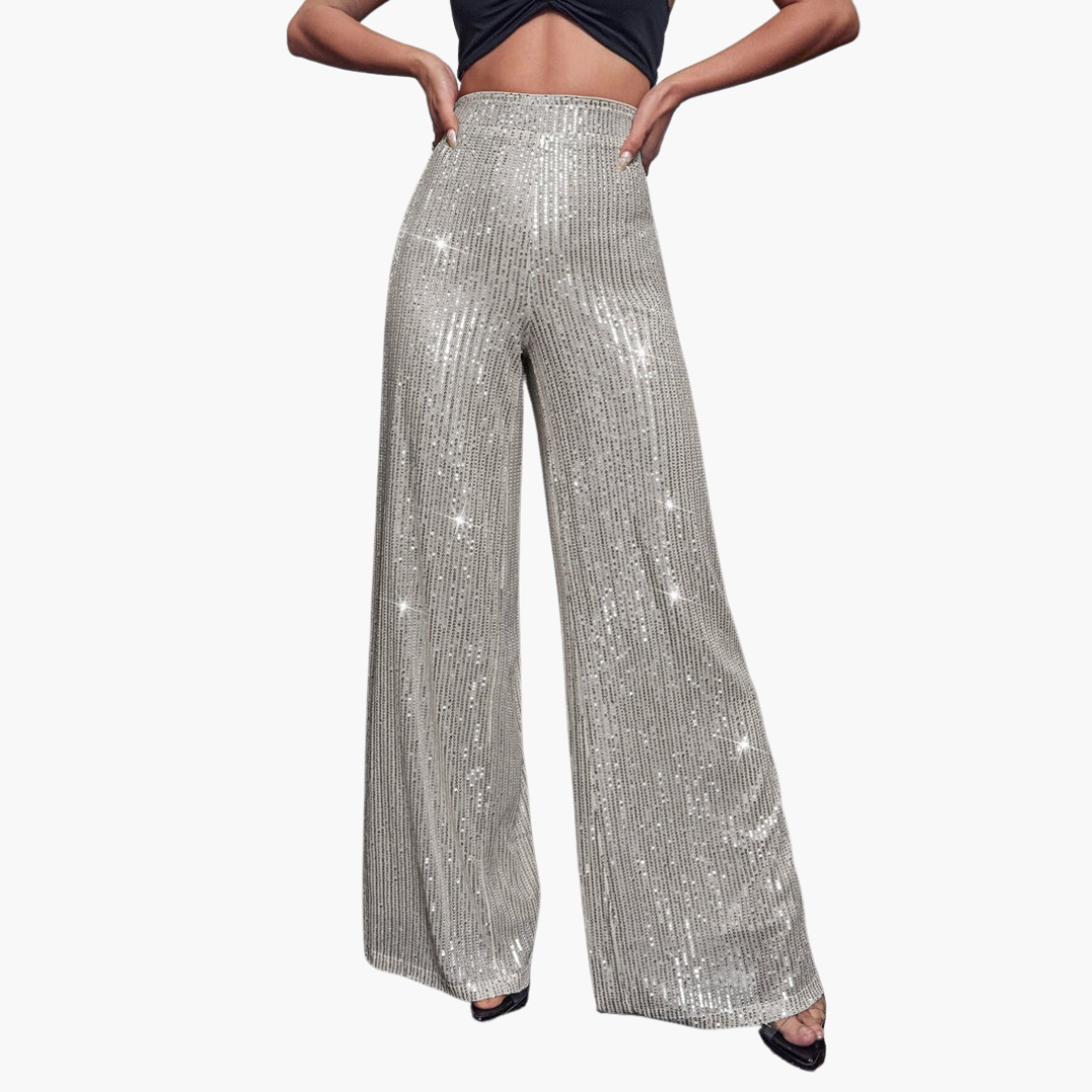 Pantalon pour femme avec bandes pailletées et jambes larges