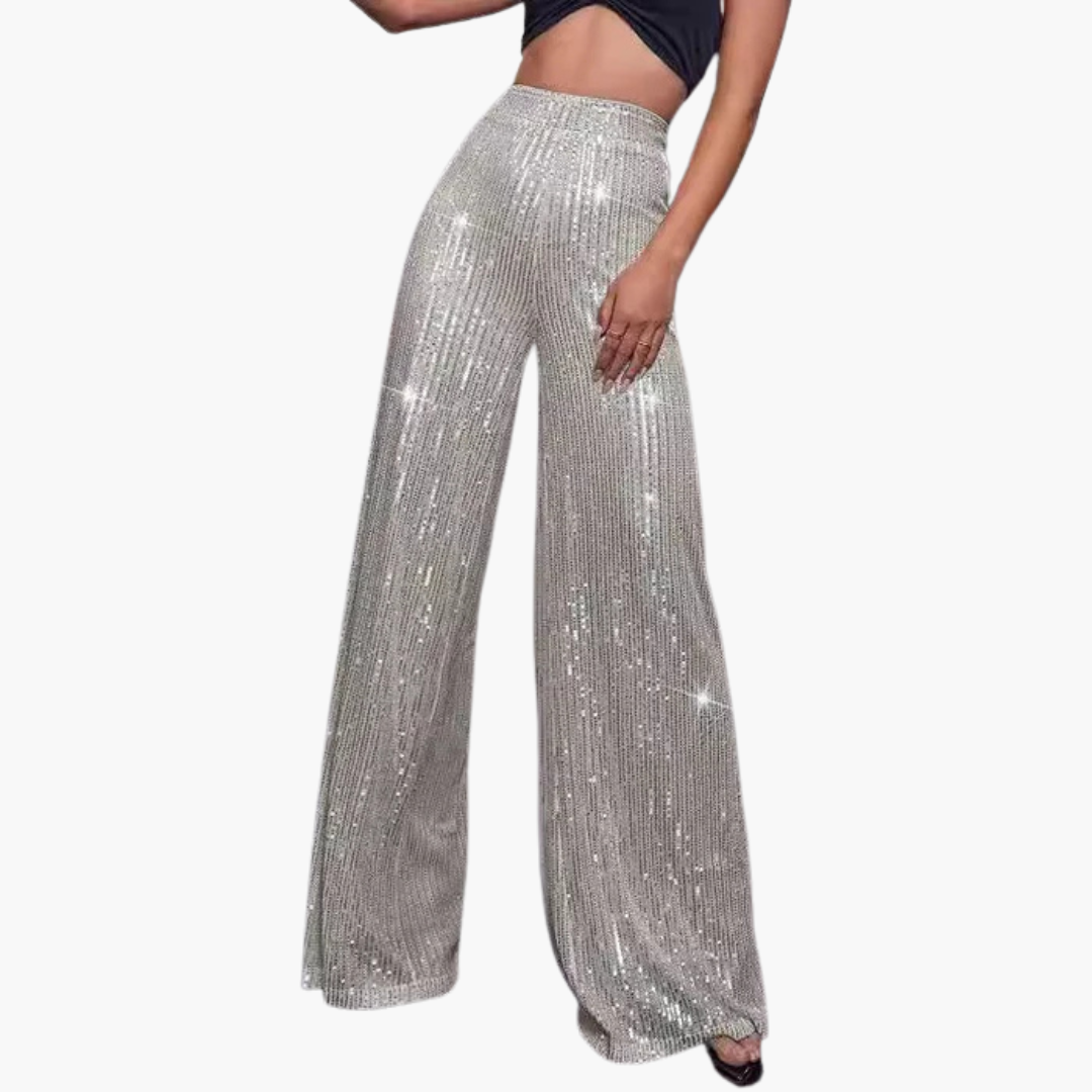 Pantalon pour femme avec bandes pailletées et jambes larges