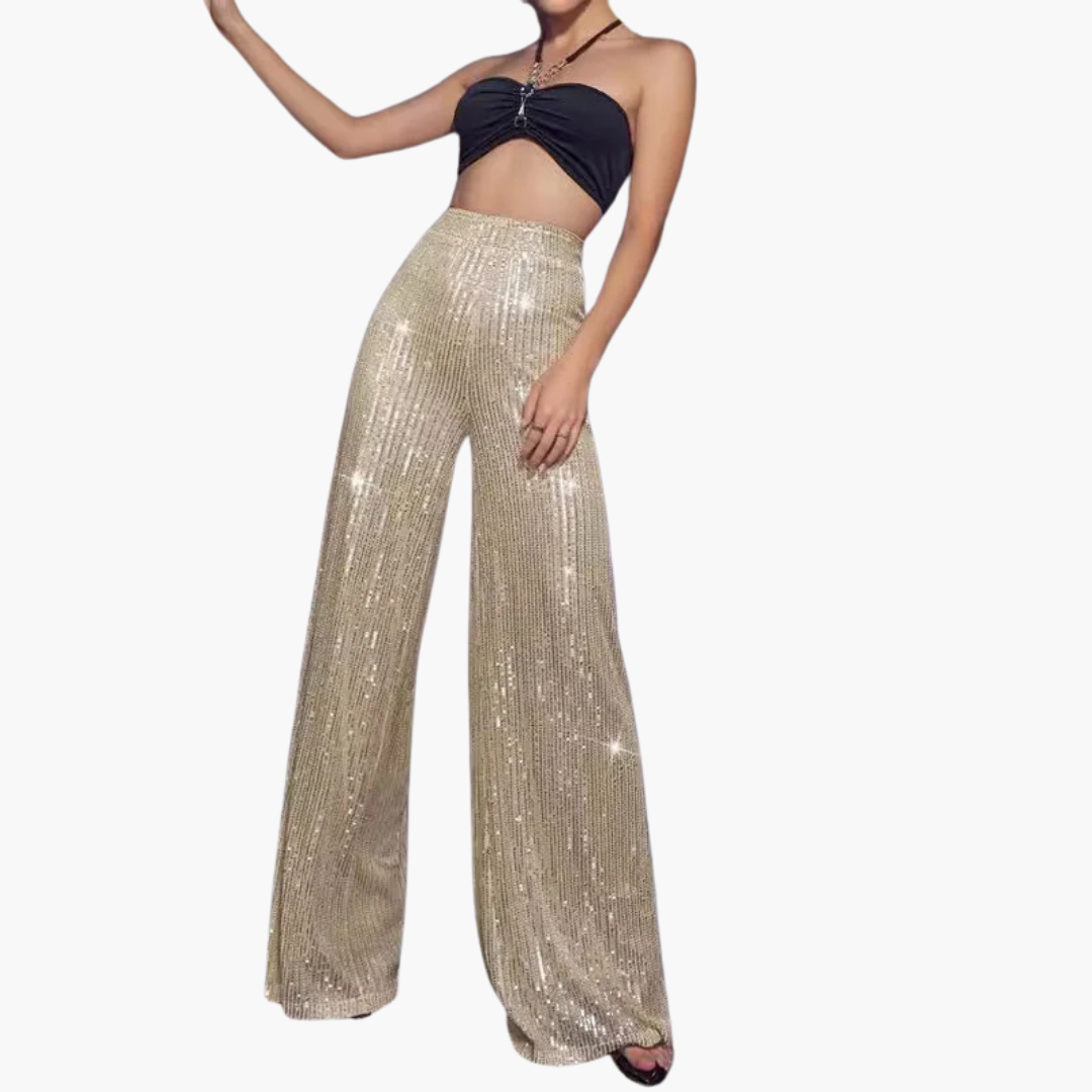 Pantalon pour femme avec bandes pailletées et jambes larges