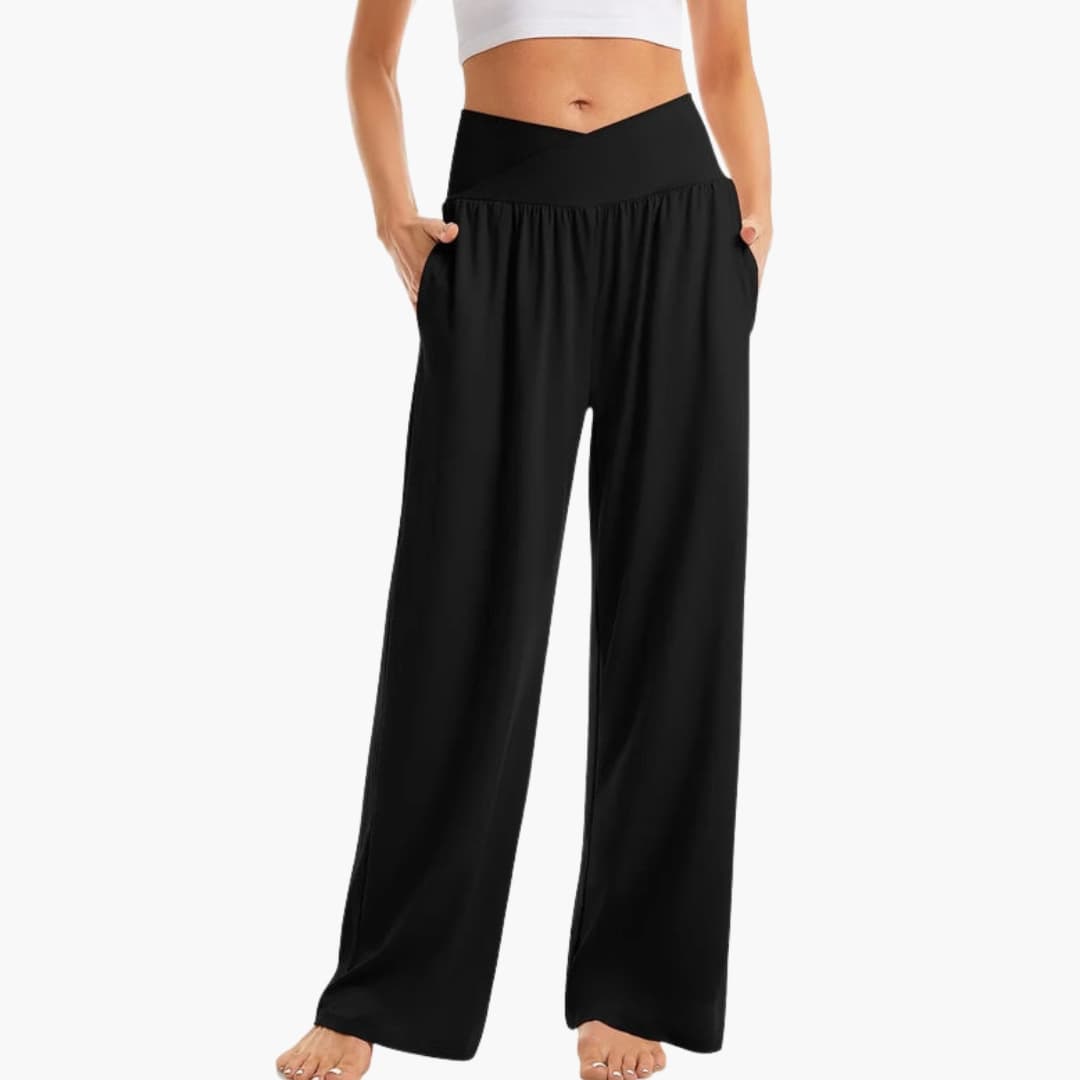 Pantalon femme à jambes larges avec poches latérales et taille élastique