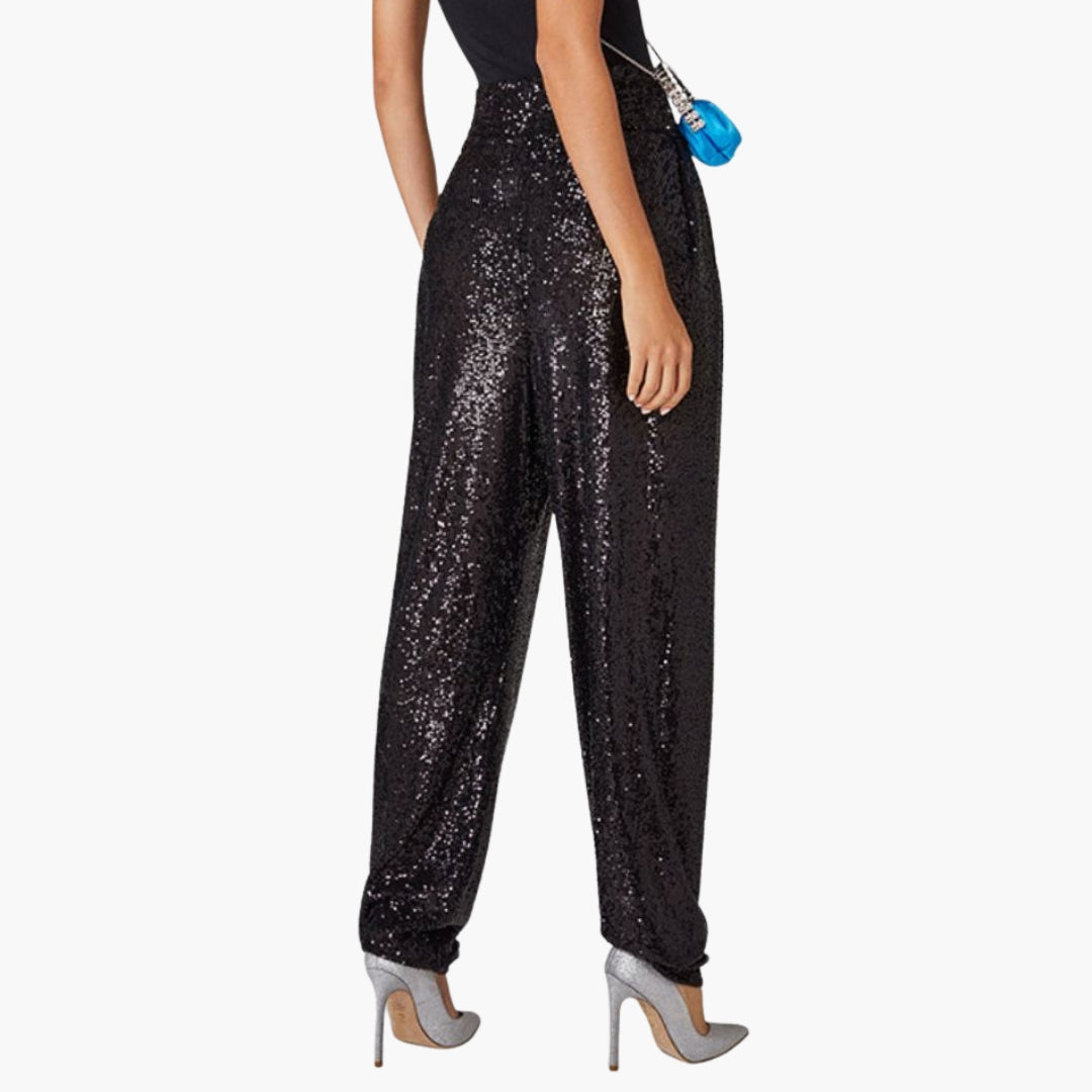 Pantalon femme taille haute a surface pailletée