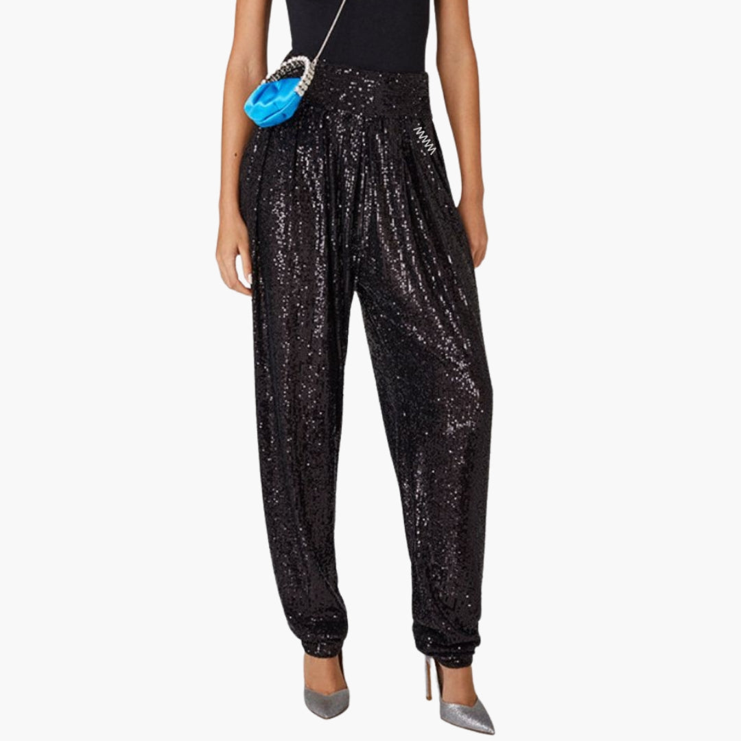 Pantalon femme taille haute a surface pailletée