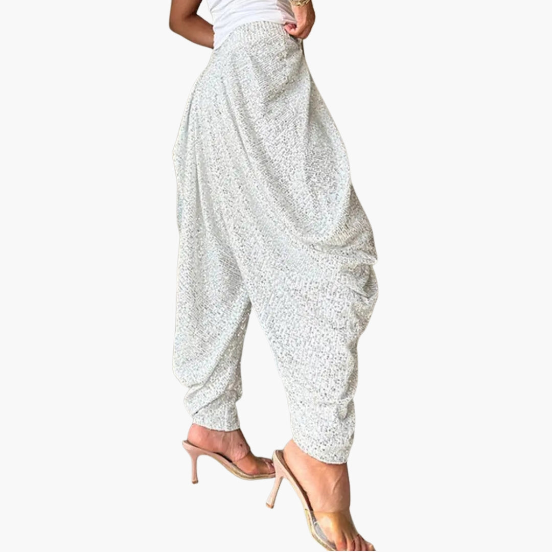 Pantalon femme taille haute a surface pailletée