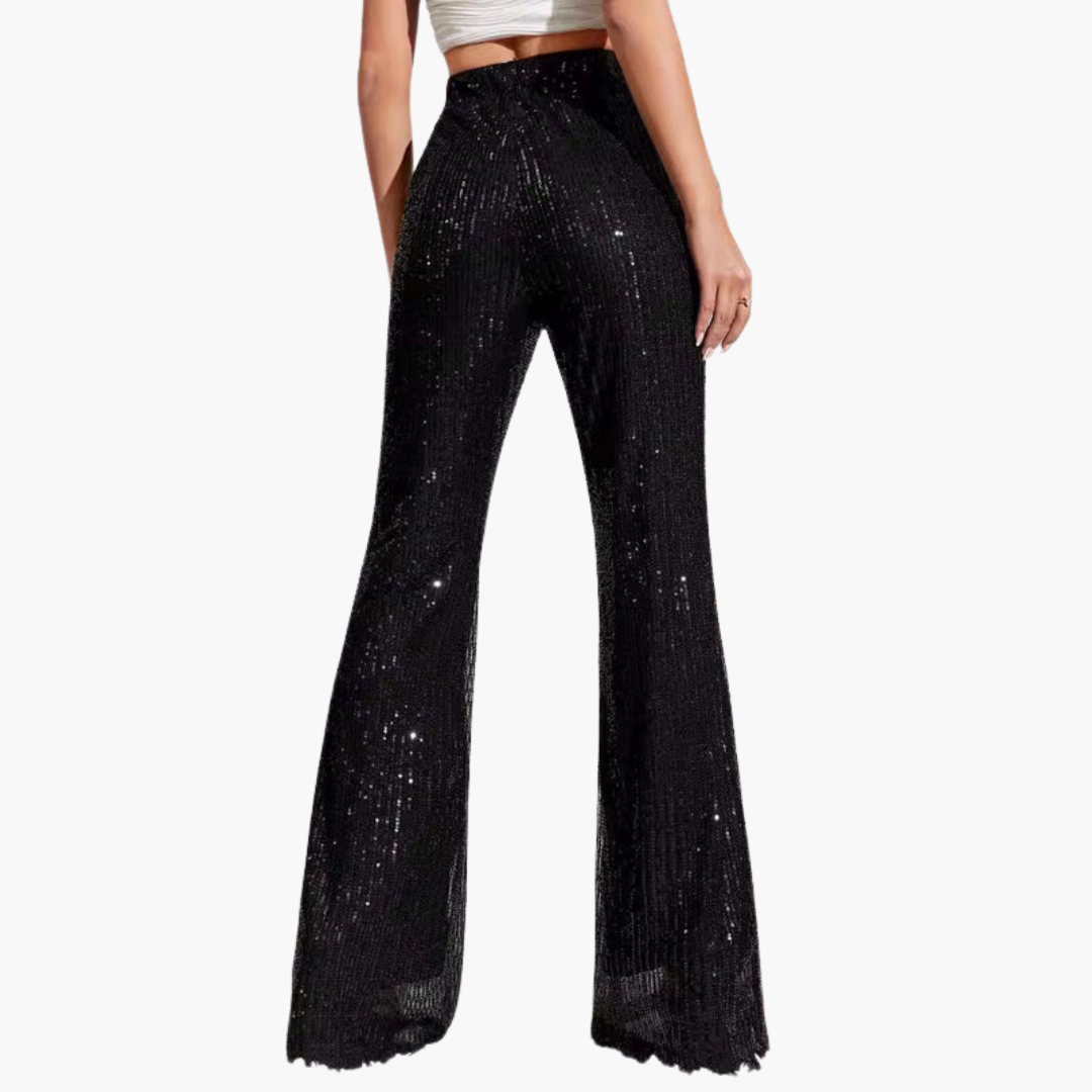 Weite Damenhose mit hoher Taille und Paillettenoberfläche