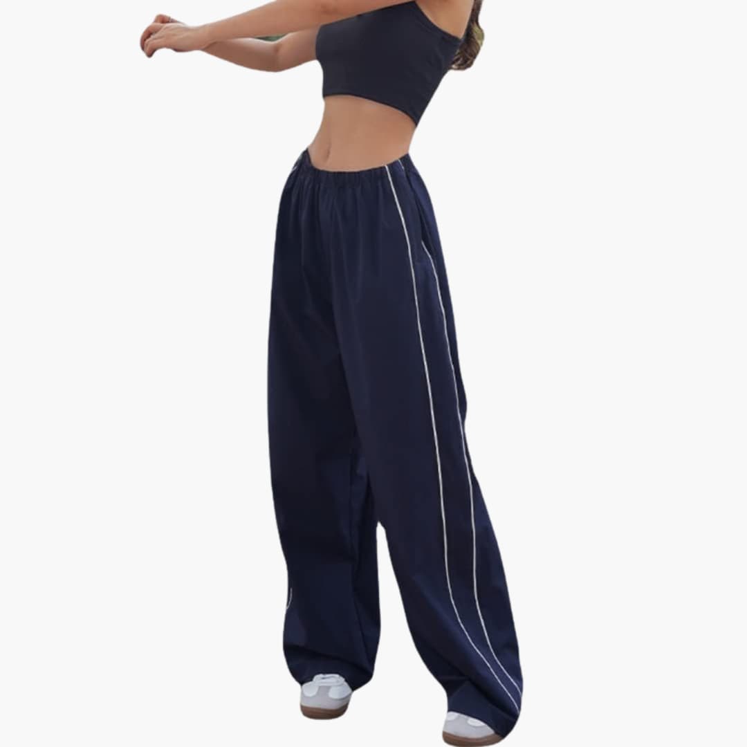Pantalon palazzo femme avec taille élastique et surpiqûres contrastées