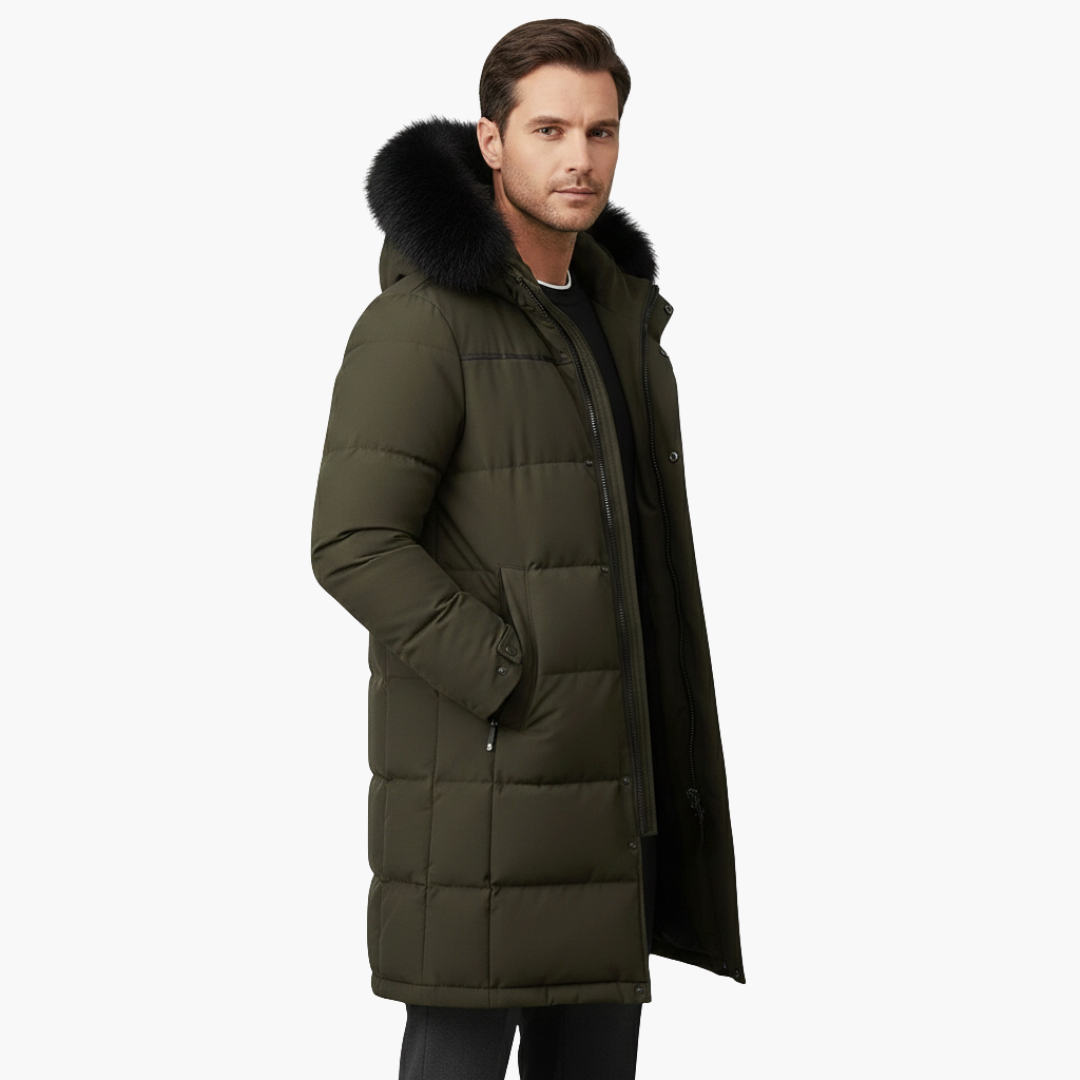 Parka comprida para homem com capuz e superfície acolchoada