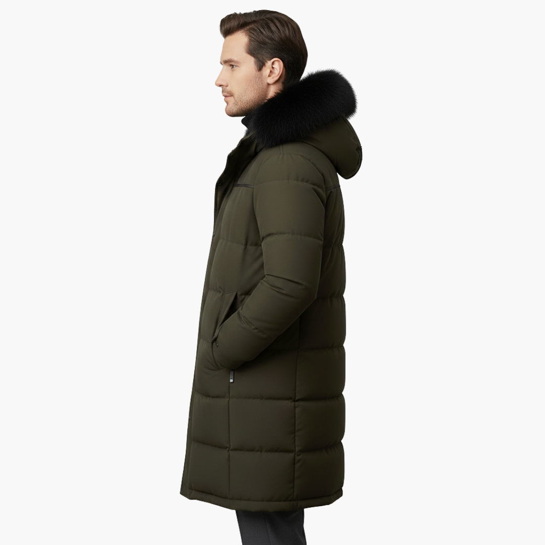 Parka comprida para homem com capuz e superfície acolchoada