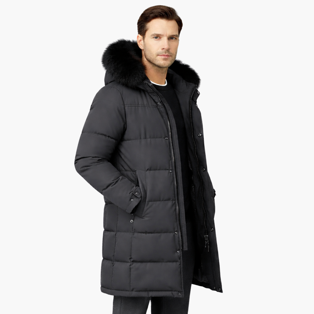 Parka comprida para homem com capuz e superfície acolchoada