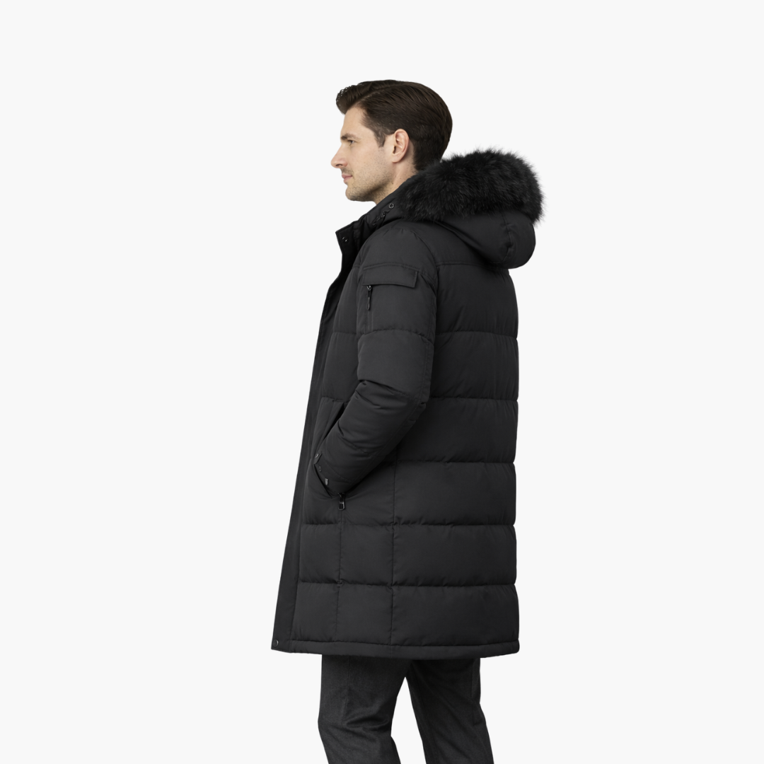 Parka comprida para homem com capuz e superfície acolchoada
