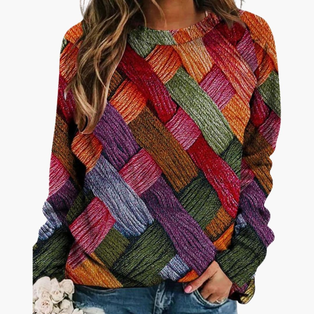 Pull mujer cuello redondo con motivo tejido multicolor