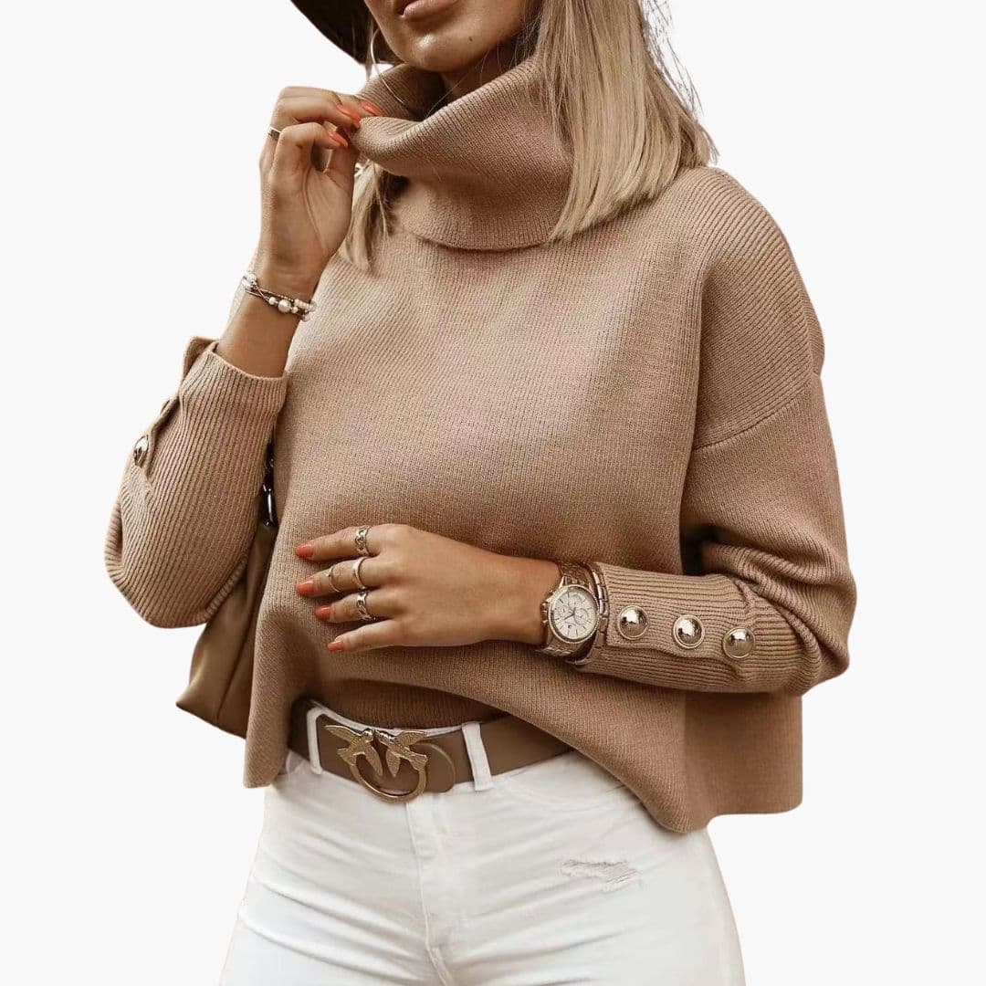 Pull Femme Col Roulé à Boutons et Manches Longues