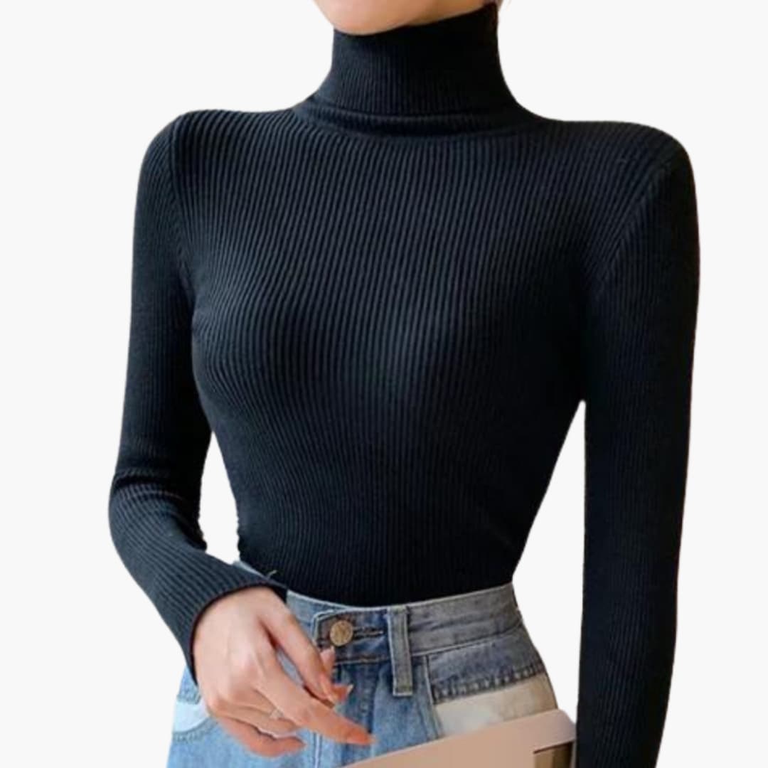 Camisola de Mulher com Gola Alta, Malha Canelada e Mangas Compridas