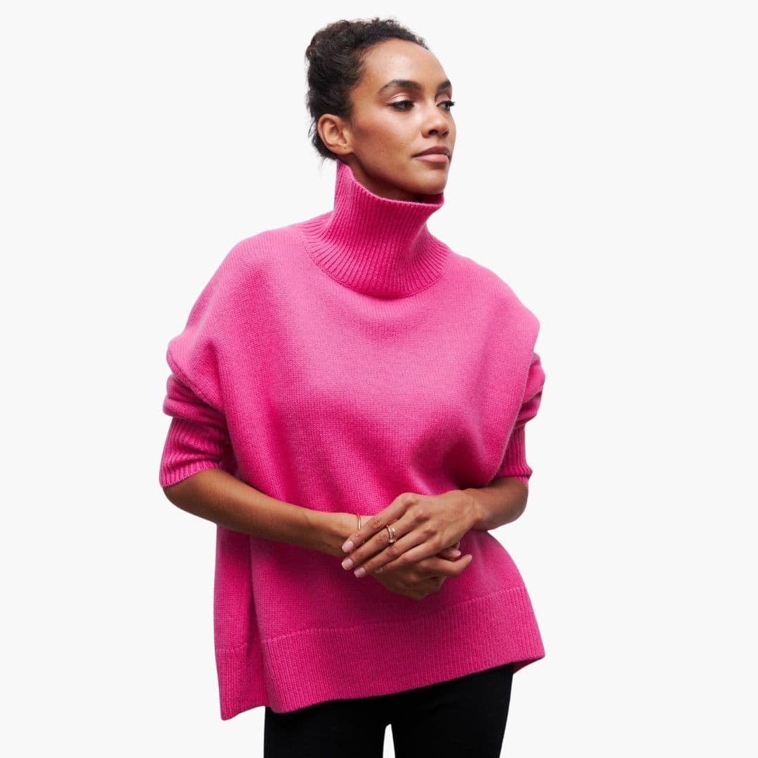 Pull Femme en Maille Col Montant et Bas Côtelés