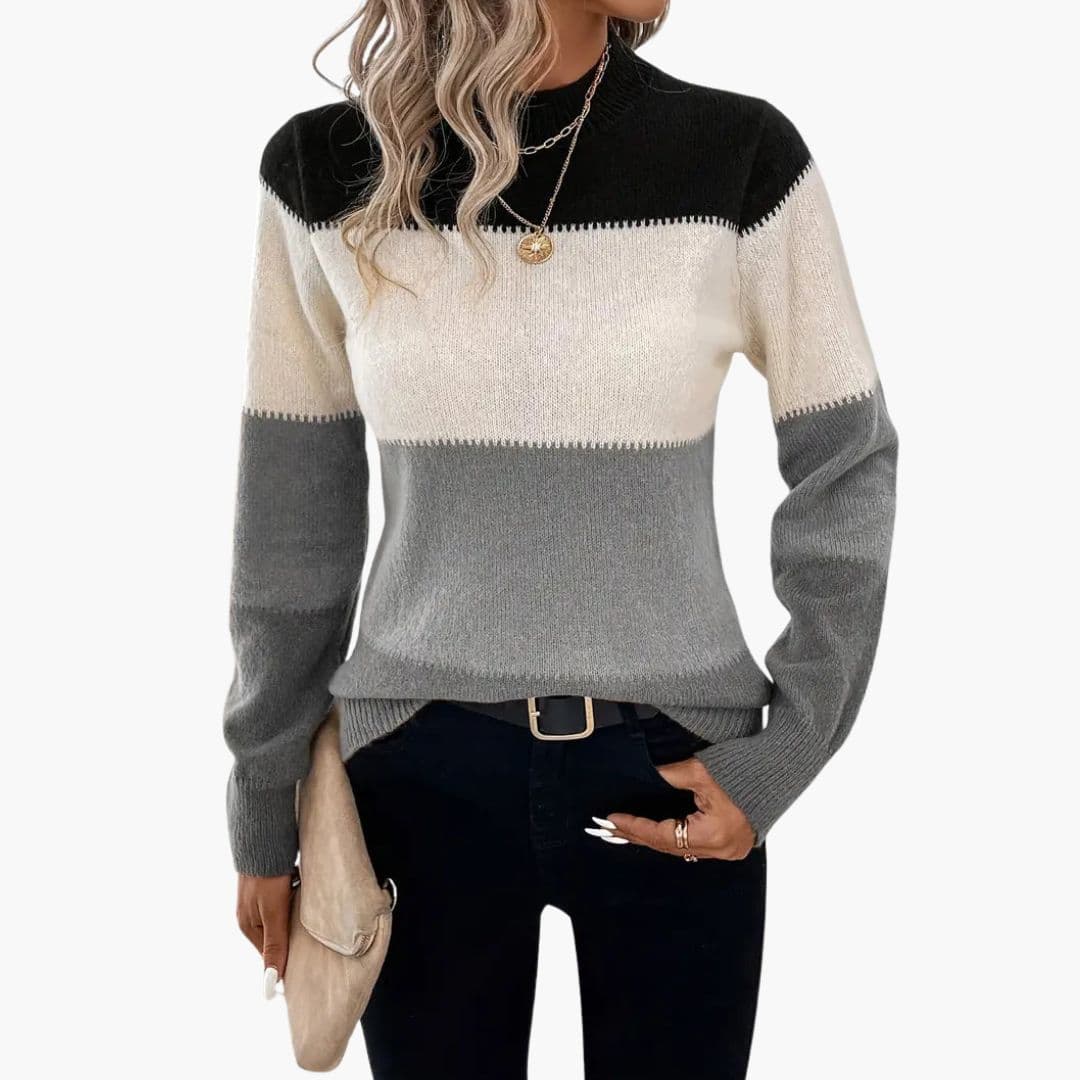 Camisola de Malha Colorblock para Mulher com Acabamentos Canelados