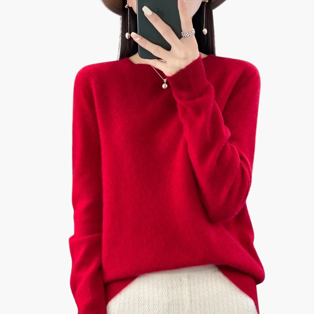 Women's Knit Pullover with Round Neck and Ribbed Cuffs
