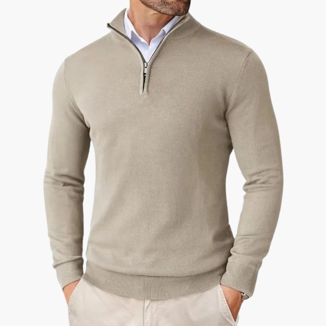 Pull Homme Col Zippé avec Bords Côtelés