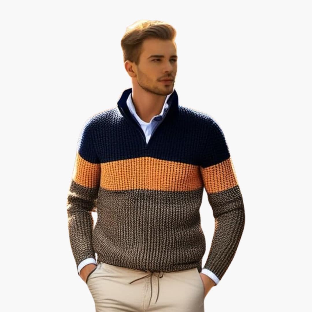 Pull Homme Maille Col Zippé Motif Color Block