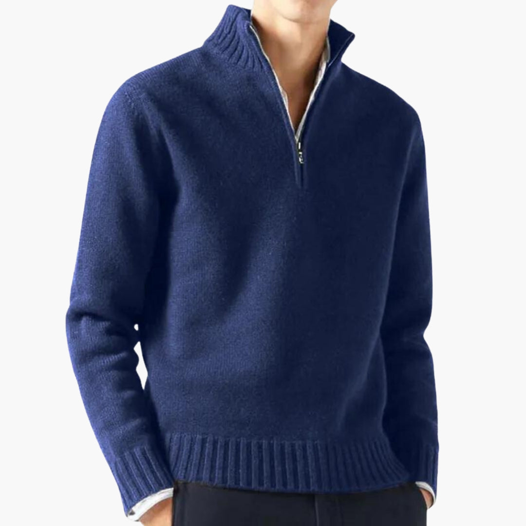 Maglione da uomo con mezza cerniera, collo alto e orlo a coste