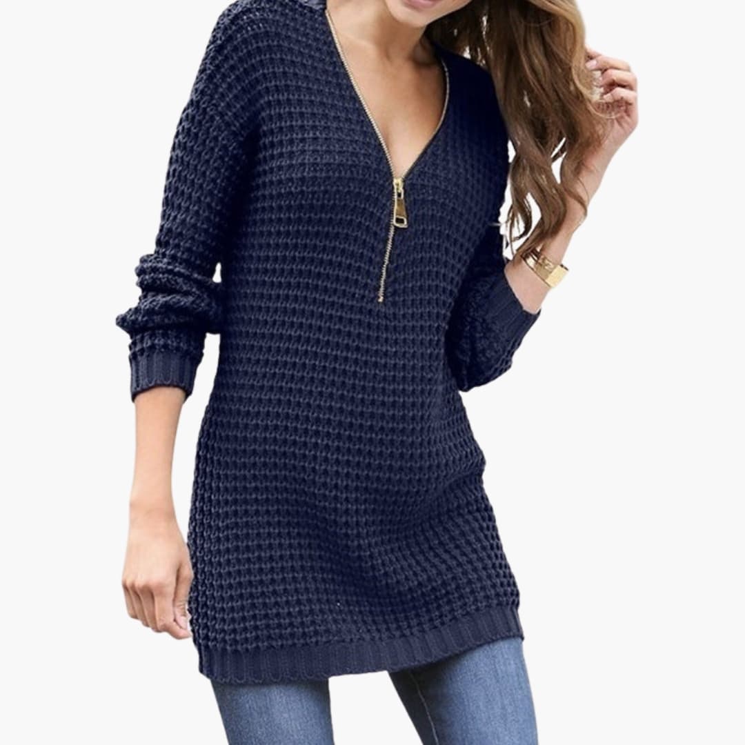 Maglione a maglia grossa da donna con scollo a V e zip frontale