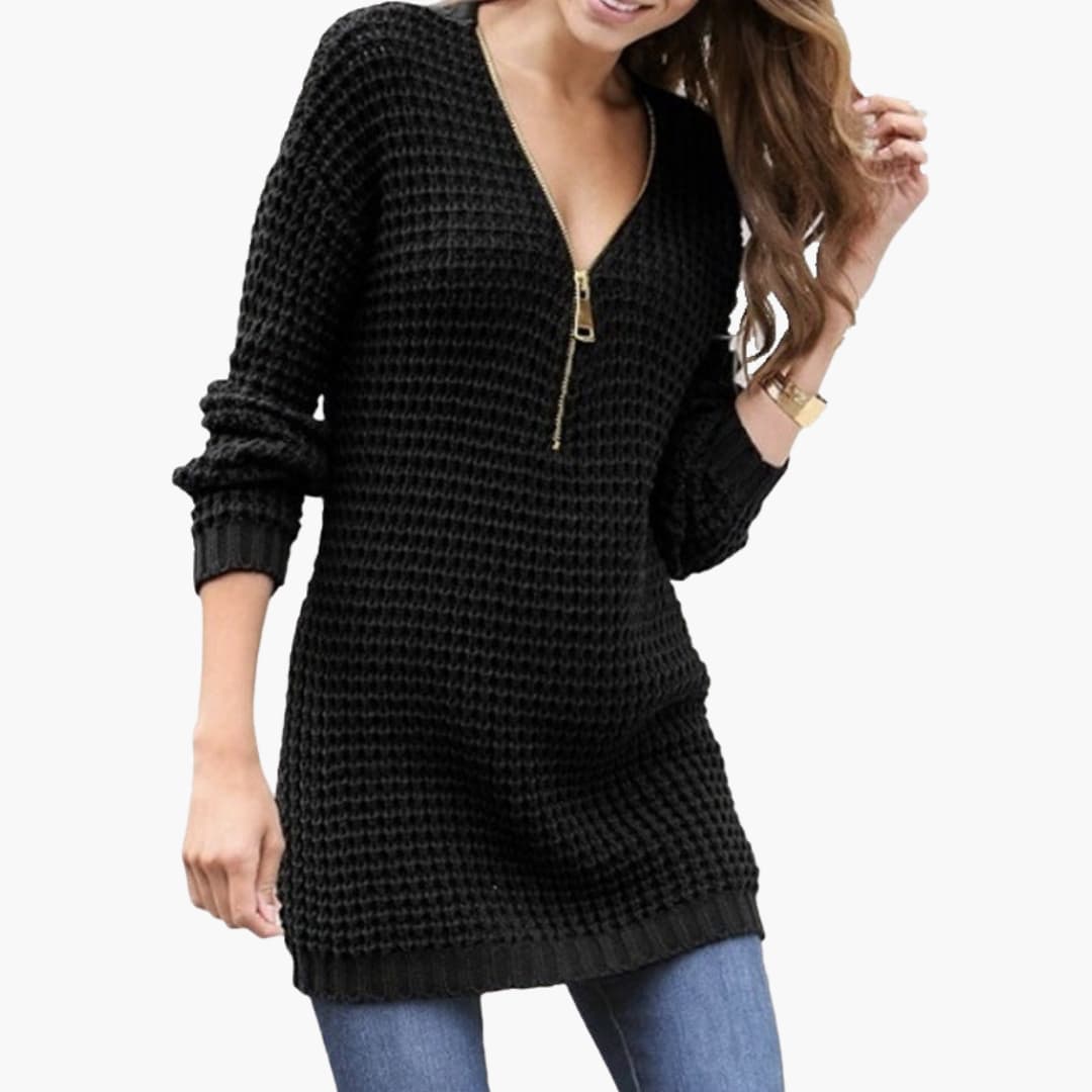 Maglione a maglia grossa da donna con scollo a V e zip frontale
