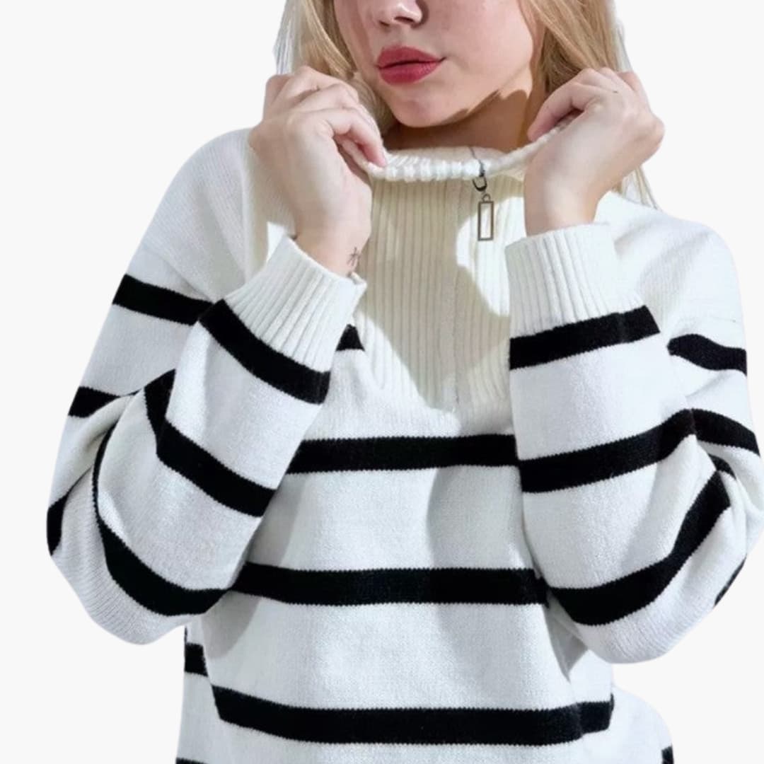 Maglione a righe in maglia per donna con collo a mezza zip